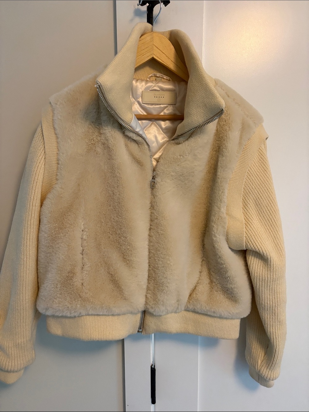 Blank NYC Cream Faux Fur & Knit Zip Jacket